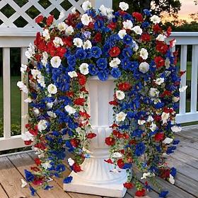 Kunstige hængende slyngplanter til udendørs brug, 6 stk. røde, hvide, blå kunstige planter UV-resistente, amerikanske 250-års jubilæum, patriotisk 4. juli uafh
