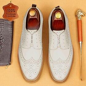Herresko i ægte læder, hvide wingtip oxfordsko, klassiske brogues med snørebånd, formelle dresssko til brudgom, forlovere, bryllupper, banketter og forretnings