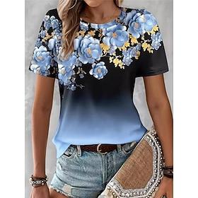 Women's T Shirt Print Ombre Floral Graphic Stylish Classic Casual Short Sleeve Crew Neck Round Neck Regular Tops Casual Daily Blue Pink Purple Green Summer Spr