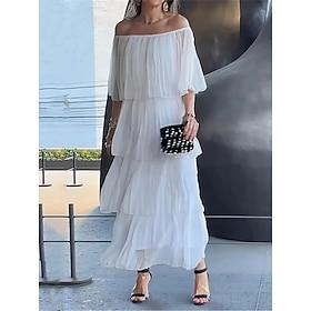 Dame Maxikjole A Linje Kjole Sommerkjole Afslappet Daglig Løstsiddende Vanlig Halvlange ærmer Skulderfri Hvid Sommer Forår