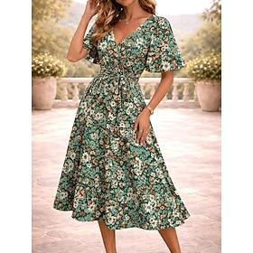 Dame Midikjole A Linje Kjole Bandage Kjole Flæse kjole Ferie Afslappet Stort Ærme Ferie Stævnemøde Regulær Blomstret Grafisk Kortærmet V-hals Blå Himmelblå Ora