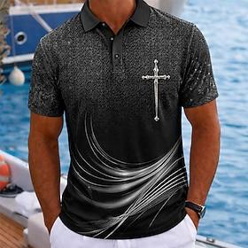 Men's Geometic Hawaiian Polo Shirts Short Sleeve Polo Shirts Lapel Casual Athleisure Vacation Wear 3D Print Buttons Spring  Summer Gray