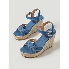 Blå denimsandaler til kvinder med kilehæl - afslappede espadrille-platformhæle med flettede stropper og ankelspænde til luksuriøse krydstogtferier og tropisk r