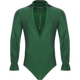 Men's Latin Ballroom Dance Bodysuit - Emerald Green Rhinestone Shirt with Ruffled Cuffs for Salsa  Performance