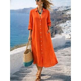 Women's Maxi Dress Cotton Linen Dresses Shift Dress Basic Daily Loose Fit Plain Long Sleeve Shirt Collar Black White Light Brown Orange Summer Spring Fall