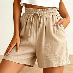 Women's Bermuda shorts Cotton Linen Shorts Shorts Summer Shorts Vacation Fashion Casual Daily Knee Length High Waist Solid Color Plain Drawstring Pocket Elasti
