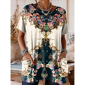 Dame T-shirt Trykt mønster Blomstret Grafisk Årgang Stilfuld Klassisk Kortærmet Rund hals Almindelige toppe Afslappet Daglig Weekend Blå Lilla Grøn Beige Somme