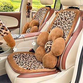 Sædebetræk til bilen med leopardprint, sød plys i kunstpels til bilens interiør til kvinder og piger, lændestøttepude med blomstermotiv, ratbetræk, sikkerhedss