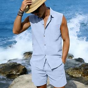 Herre Linned skjorte 2 Dele Skjorte sæt Og Shorts Linneshorts Strandshorts Sæt Vanlig Daglig udendørs Strand Aftæpning Uden ærmer Sommer Mode Afslappet Bekvem