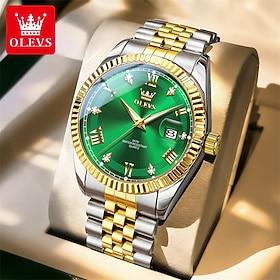 Olevs herre luksusur klassisk grøn urskive tofarvet sølvguld rustfrit stål vandtæt quartz armbåndsur med dato lysende visere forretningstøj mode ure til mænd g