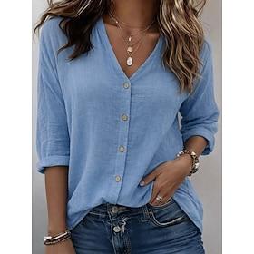 Dame Bluse Knapper Helfarve Stilfuld Afslappet 3/4-ærmer V-hals Almindelige toppe Daglig Blå Lyserød Lilla Grøn Kakifarvet Forår Efterår