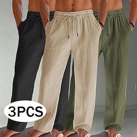 Men's Linen Pants Trousers Summer Pants Baggy Pants Beach Pants Drawstring Pocket Elastic Waist Plain Comfort Breathable Full Length Daily Beach Holiday Vacati