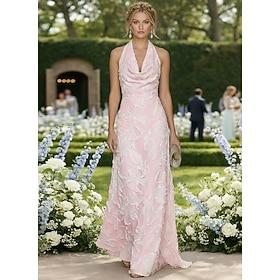 A-linje Tube kolonne Gulvlang Aften Kjoler Elegant Blomster Silkeagtig Uden ærmer Rullekrave Havefest Bryllup Lomme Satin Jacquard Rygløs med Kvast