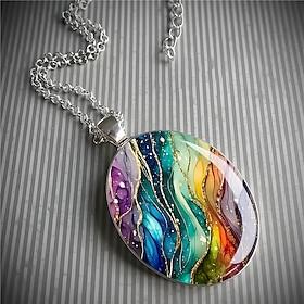 Trendy retro farverig stjernehimmel drømmende krusningsformet oval glasvedhæng halskæde til kvinder mænd kravekæde smykker tilbehør