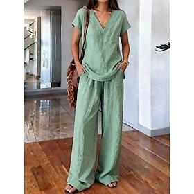 Women's Pants Sets Short Sleeve V Neck Solid Color Fashion Streetwear Casual Daily Outdoor Blue White Orange Summer Loose Fit