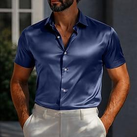 Men's Shirt Satin Shirt Dress Shirt Solid Color Daily Outdoor Light Blue Black White Navy Blue Short Sleeve Turndown Summer Clothing Apparel Plain