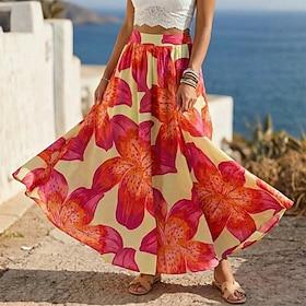 Women's Vacation Skirt Elegant Fashion Casual Long Maxi Mid Waist Skirts Floral Graphic Ruched Print Micro-elastic Causal Holiday Wine Red Summer