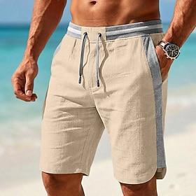 Men's Linen Shorts Summer Shorts Beach Shorts Drawstring Pocket Side Stripe Color Block Solid Comfort Breathable Knee Length Casual Daily Beach Vacation Fashio