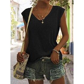 Women's T Shirt Solid Color Classic Casual Sleeveless V Neck Regular Tops Daily Going out Weekend Black White Pink Khaki Gray Summer Spring