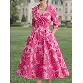 A-Line Ankle Length Tea Length Cocktail Dresses Elegant Vintage Floral Long Sleeve Lapel Garden Party Wedding Pocket Satin Jacquard with 3D Flowers Bow(s)