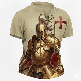 Men's Golden Knight Armor Red Templar Cross Medieval Fantasy Gothic Lace Up T Shirt All Over Print Henley V Neck Short Sleeve Casual Streetwear Designer Clothi