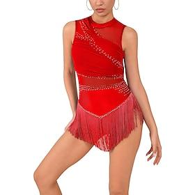 Women's Red Latin Dance Wear - Rhinestone Sheer Mesh Sleeveless Bodysuit with Rhythmic Tassel Hem for Ballroom Competition