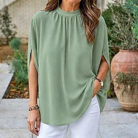 Dame Skjorte Sommer skjorte Casual skjorte Chiffon toppe Helfarve Vanlig Elegant Ferie Mode Halvlange ærmer Høj krave Almindelige toppe Daglig Streetwear Ferie