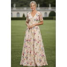 A-Line Dress Floor Length Wedding Guest Dress Mother of the Bride Dress Short Sleeve V Neck Elegant Vintage Formal Wedding Guest Semi Formal Chiffon Tulle with
