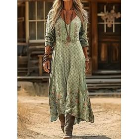 Dame Maxikjole Sommerkjole Ferie Afslappet Boheme Daglig Regulær Nuance Grafisk Farveblok Langærmet V-hals Sort Lysebrun Grøn Forår Efterår