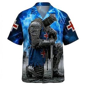 Men's Knights Templar Lightning Cross Shirt Cuban Collar Shirt Short Sleeve Vintage Retro Streetwear Holiday Summer Spring Camp Collar Shirt 3D Print Button Up