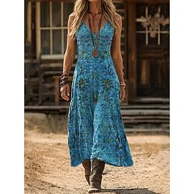 Dame Lang kjole Maxikjole Boho-kjole Vintage kjole Hverdagskjole Årgang Ferie Løstsiddende Blomstret Uden ærmer V-hals Blå Rød Beige Sommer Forår