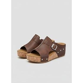 Women's Black Studded Wedge Slide Sandals - Buckle Detail Casual Shoes with Cork Sole, Ideal for Park Visits, Brunch Dates, Shopping Trips  Patio Hangouts