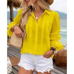 Women's Shirt Summer Tops Blouse Pleated Solid Color Plain Casual Beach Regular Tops Black White Yellow Royal Blue Sky Blue Summer Spring Fall