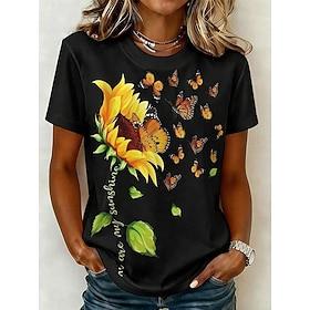 Dame T-shirt Trykt mønster Blomstret Grafisk Mode Stilfuld Basale Kortærmet Rund hals Almindelige toppe Afslappet Daglig Weekend Sort Sommer Forår