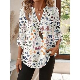 Påske Dame Bluse Trykt mønster Blomstret Grafisk Årgang Tropisk Hawaiiansk Langærmet V-hals Almindelige toppe Afslappet Daglig Ferie Hvid Sommer Forår