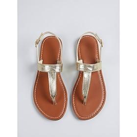 Women's Metallic Gold T-Strap Flat Sandals - Chic Faux Leather Thong Sandals with Adjustable Ankle Strap for Luxury Outdoor ResortsBeach Vacations