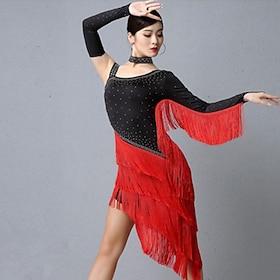 Women's Black Red Fringe Latin Dance Dress Long Sleeve Rhinestone Ballroom Competition Dress