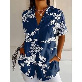 Dame Skjorte Casual skjorte Sommertoppe Knapper Trykt mønster Blomstret Grafisk Årgang Stilfuld Moderne Kortærmet V-hals Krave Skulderfri Lange toppe Daglig Bl