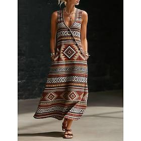 Dame Maxikjole Sommerkjole Hverdagskjole A Linje Kjole Elegant Ferie Stilfuld Strand Ferie Regulær Grafisk Paisley Abstrakt Uden ærmer V-hals Rød Brun Beige So