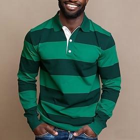 Men's Horizontal Stripes Rugby Polo Long Sleeve Polo Shirts Collared Shirts Sportswear Casual Outdoor School Athleisure 3D Print Spring Fall Blue Light Green P