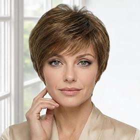 Kort brun lagdelt pixie cut paryk med pandehår til kvinder - naturligt glat syntetisk hår med highlights