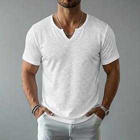 Herre T-shirt Kortærmet skjorte Tee Top T-shirt af hør Kortærmet V-hals Sommer Forår Alle årstider Helfarve Vanlig Pit Strip Gade Stilfuld Afslappet Ren Afslap