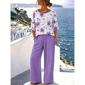 Women's Waffle Pants Sets Half Sleeve Round Neck Floral Graphic Print Fashion Streetwear Casual Daily Outdoor Blue Purple Green Spring  Summer Loose Fit