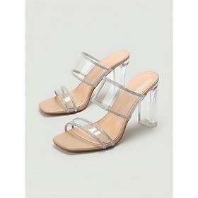 glitrende klare sandaler med blokhæl, transparente hæle med firkantet tå og rem til cocktailfest, brudekjole formelle lejligheder