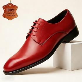 Men's Red Derby Dress Shoes with Smooth Plain-Toe Finish, Classic Lace-Up Formal Shoes for Stylish Men, Ideal for Weddings, Parties, Banquets and Evening Wear