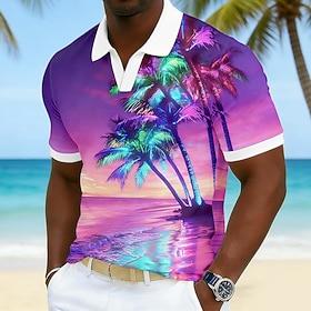 Herre Nuance Palme træ Hawaii poloskjorter Kortærmet Polo skjorter V-hals Afslappet Udvej atletiktøj Dagligdagstøj Ferietøj 3D-udskrivning Forår sommer Blå Lys