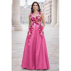 A-linje Gulvlang Aften Kjoler Elegant Berømmelse stil Prinsesse Uden ærmer V-hals Havefest Bryllup Lomme Satin med Broderet blomst Plissé Broderi