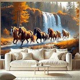 Running Wild Horses Waterfall Nature Landscape Autumn Forest Golden Trees River Wall Tapestry Wall Hanging Large Fabric Backdrop for Living Room Bedroom Home O