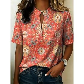 Women's Blouse Buttons Print Graphic Geometric Vintage Stylish Modern Half Sleeve Stand Collar Regular Tops Casual Daily Blue Purple Orange Green Summer Spring