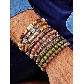 Men's Bohemian Wood Bead Bracelet Set, 10 Piece Elastic Stackable Beaded Bracelets for Beach Vacation, Daily Casual Wear, Travel and Festival Styling